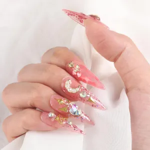 Kaquee-Really Handmade Press on Nails Long,Luxury Golden Stiletto Fake Nails Y2k,Glue Stick on Nails with Butterfly Bling Rhinestones,Nail Art Gifts for Women Girls (Pink, M 10 Pieces)