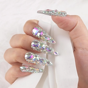 Kaquee-Really Handmade Press on Nails Long,Luxury Golden Stiletto Fake Nails Y2k,Glue Stick on Nails with Butterfly Bling Rhinestones,Nail Art Gifts for Women Girls (Size: S，10 pieces)