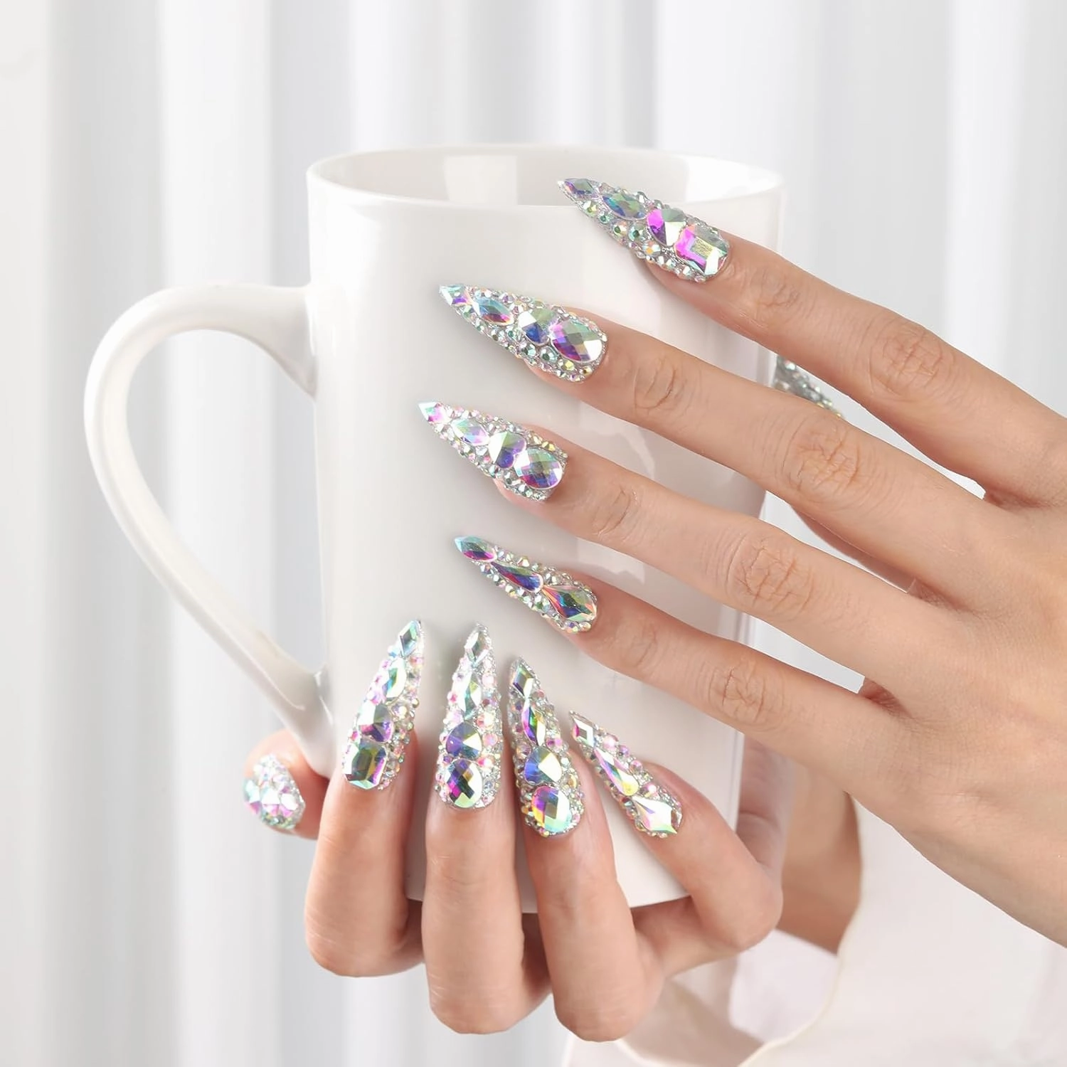 Kaquee-Really Handmade Press on Nails Long,Luxury Golden Stiletto Fake Nails Y2k,Glue Stick on Nails with Butterfly Bling Rhinestones,Nail Art Gifts for Women Girls (Size: S，10 pieces)
