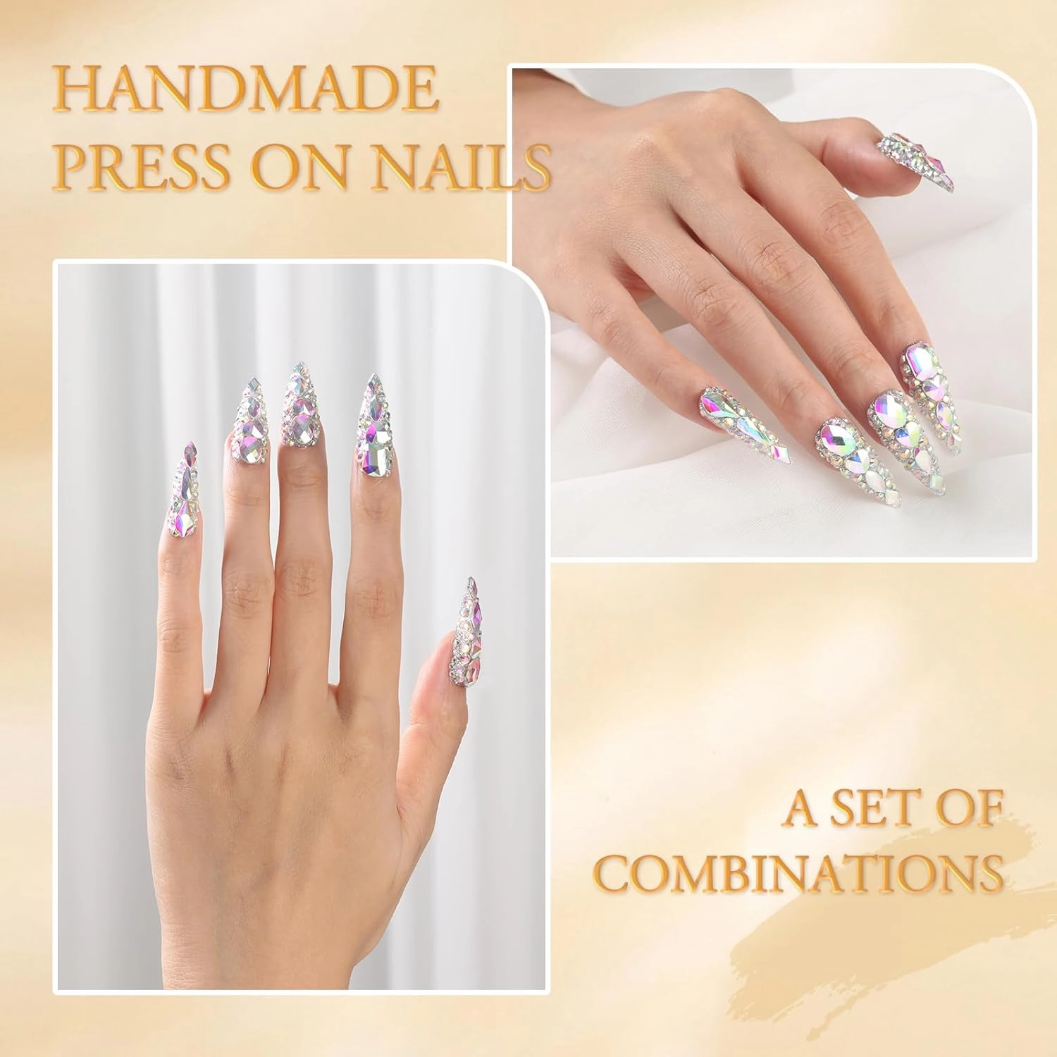 Kaquee-Really Handmade Press on Nails Long,Luxury Golden Stiletto Fake Nails Y2k,Glue Stick on Nails with Butterfly Bling Rhinestones,Nail Art Gifts for Women Girls (Size: S，10 pieces)