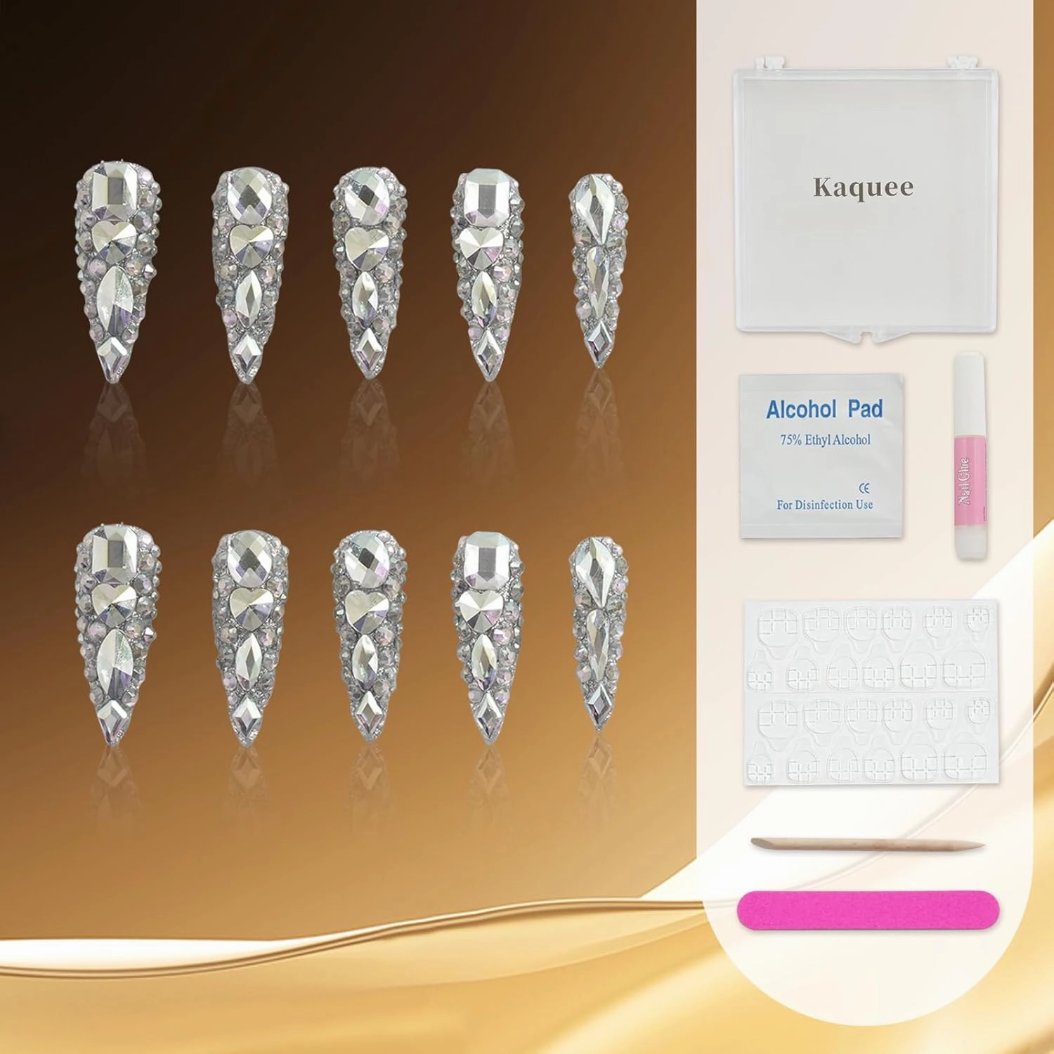 Kaquee-Really Handmade Press on Nails Long,Luxury Golden Stiletto Fake Nails Y2k,Glue Stick on Nails with Butterfly Bling Rhinestones,Nail Art Gifts for Women Girls (Size: S，10 pieces)