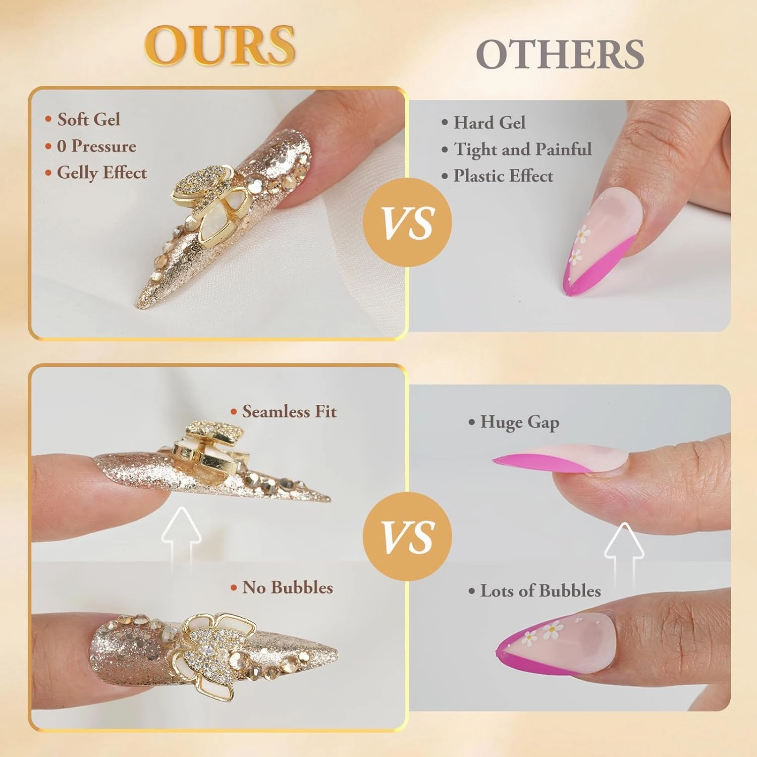 Kaquee-Really Handmade Press on Nails Long,Luxury Golden Stiletto Fake Nails Y2k,Glue Stick on Nails with Butterfly Bling Rhinestones,Nail Art Gifts for Women Girls (Size: S，10 pieces)