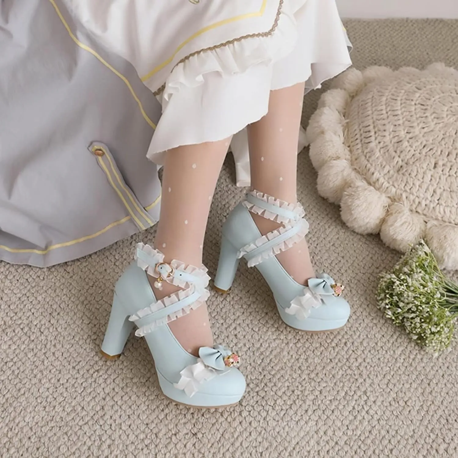 Kawii Shoes Bow Pearl Heels Lolita Platform Heels for Women Lace Cute Mary Janes Pumps