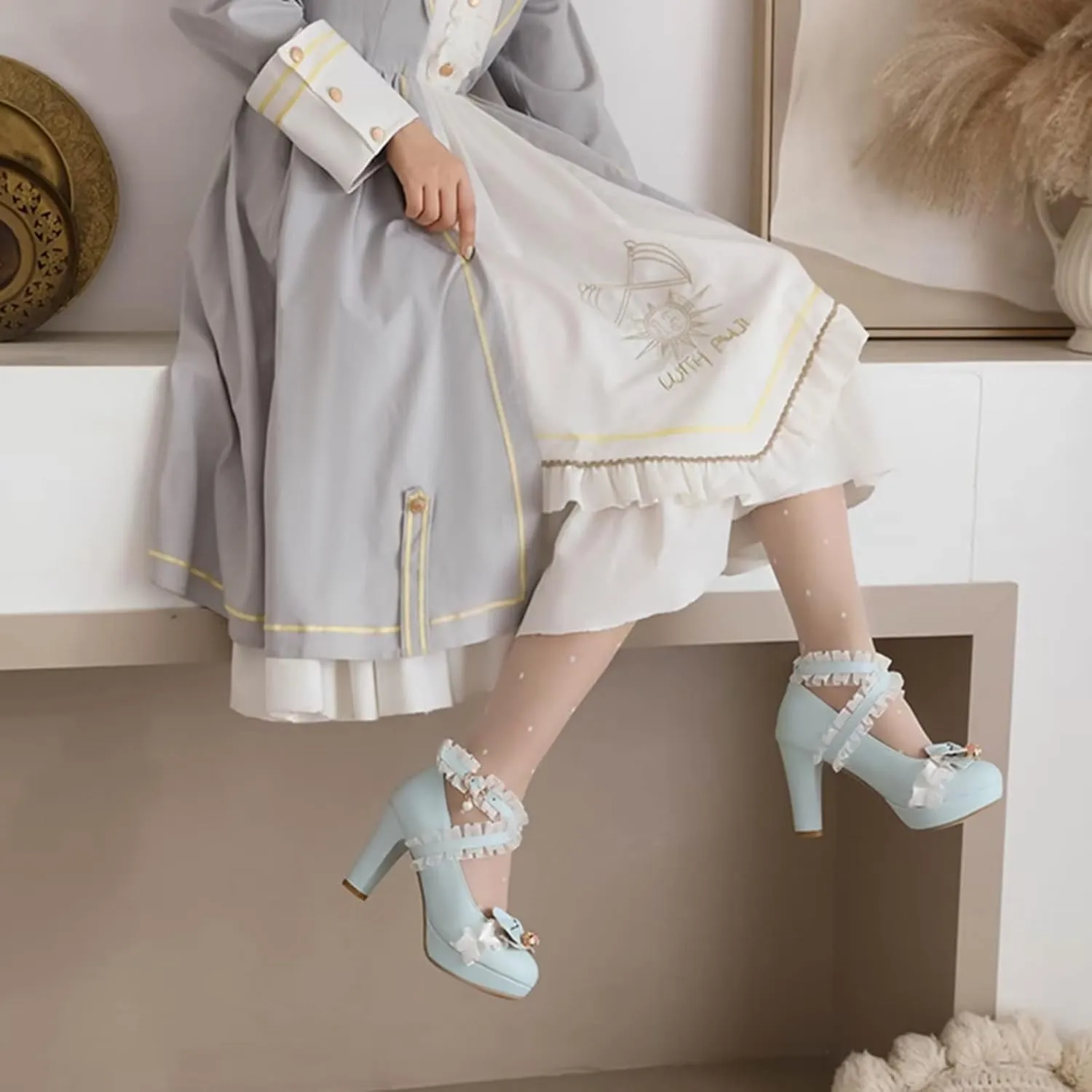 Kawii Shoes Bow Pearl Heels Lolita Platform Heels for Women Lace Cute Mary Janes Pumps