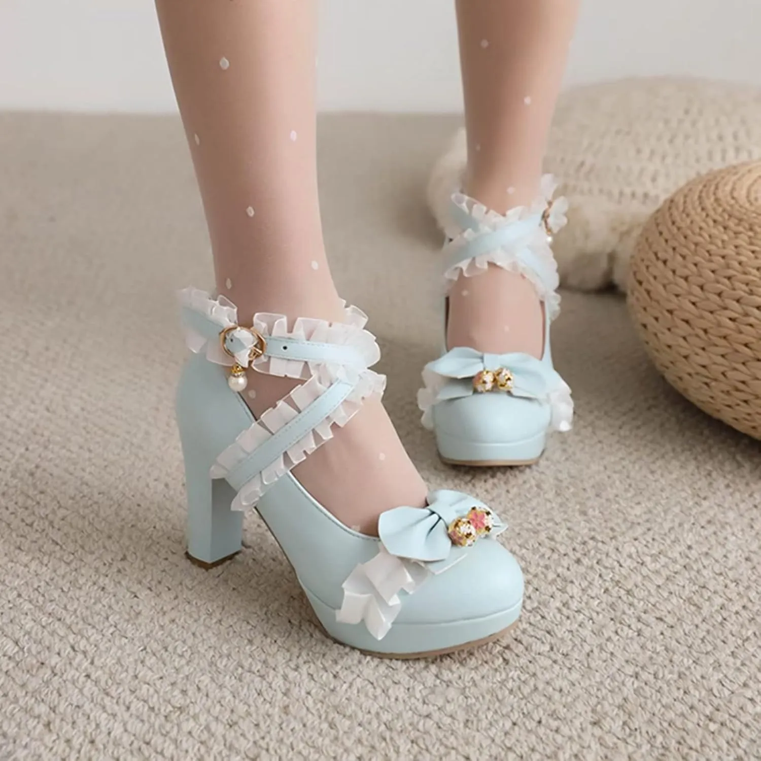 Kawii Shoes Bow Pearl Heels Lolita Platform Heels for Women Lace Cute Mary Janes Pumps