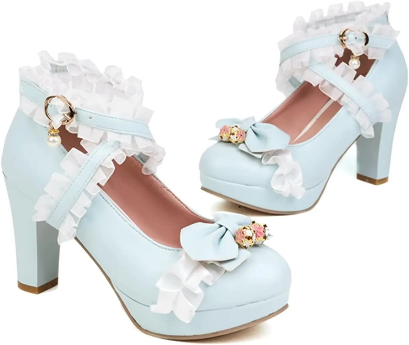 Kawii Shoes Bow Pearl Heels Lolita Platform Heels for Women Lace Cute Mary Janes Pumps