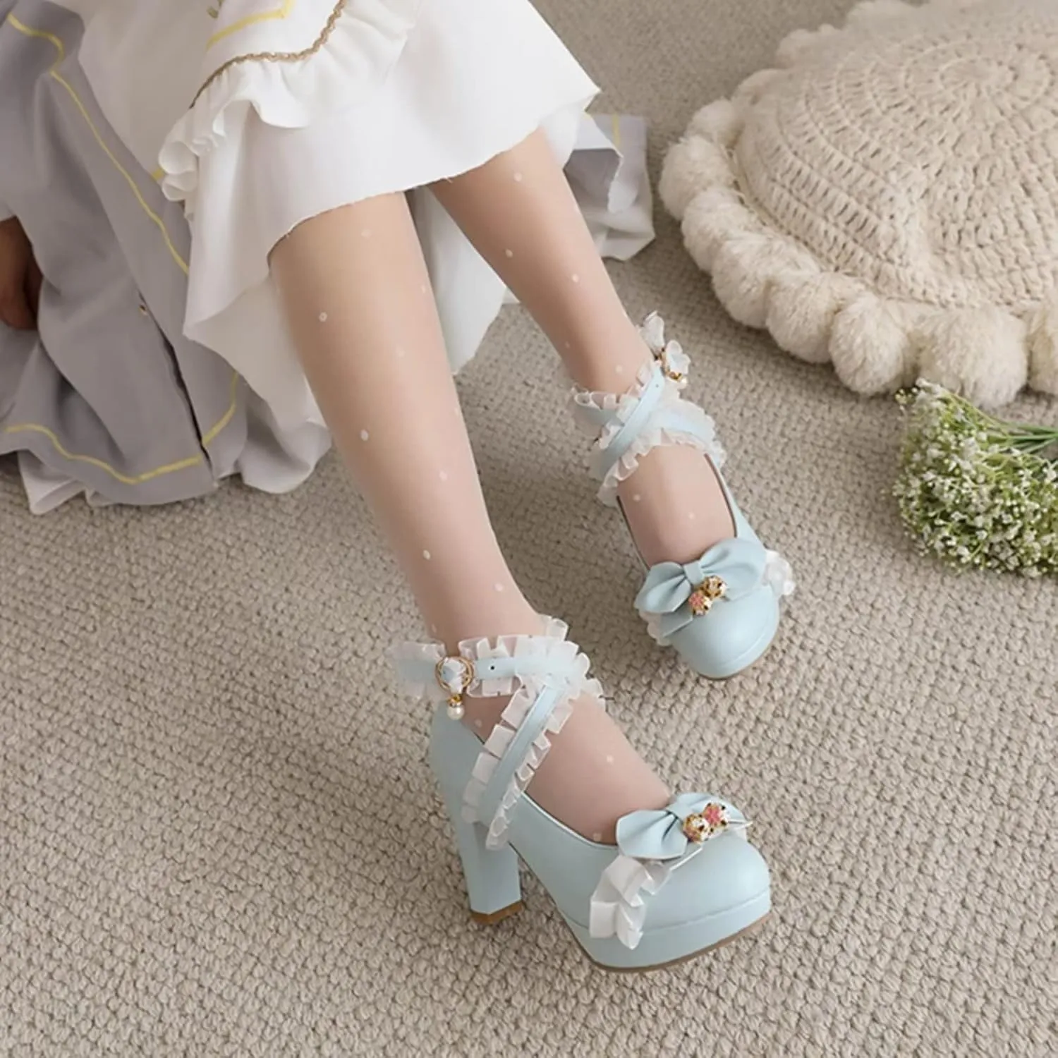 Kawii Shoes Bow Pearl Heels Lolita Platform Heels for Women Lace Cute Mary Janes Pumps