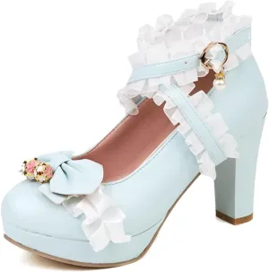 Kawii Shoes Bow Pearl Heels Lolita Platform Heels for Women Lace Cute Mary Janes Pumps