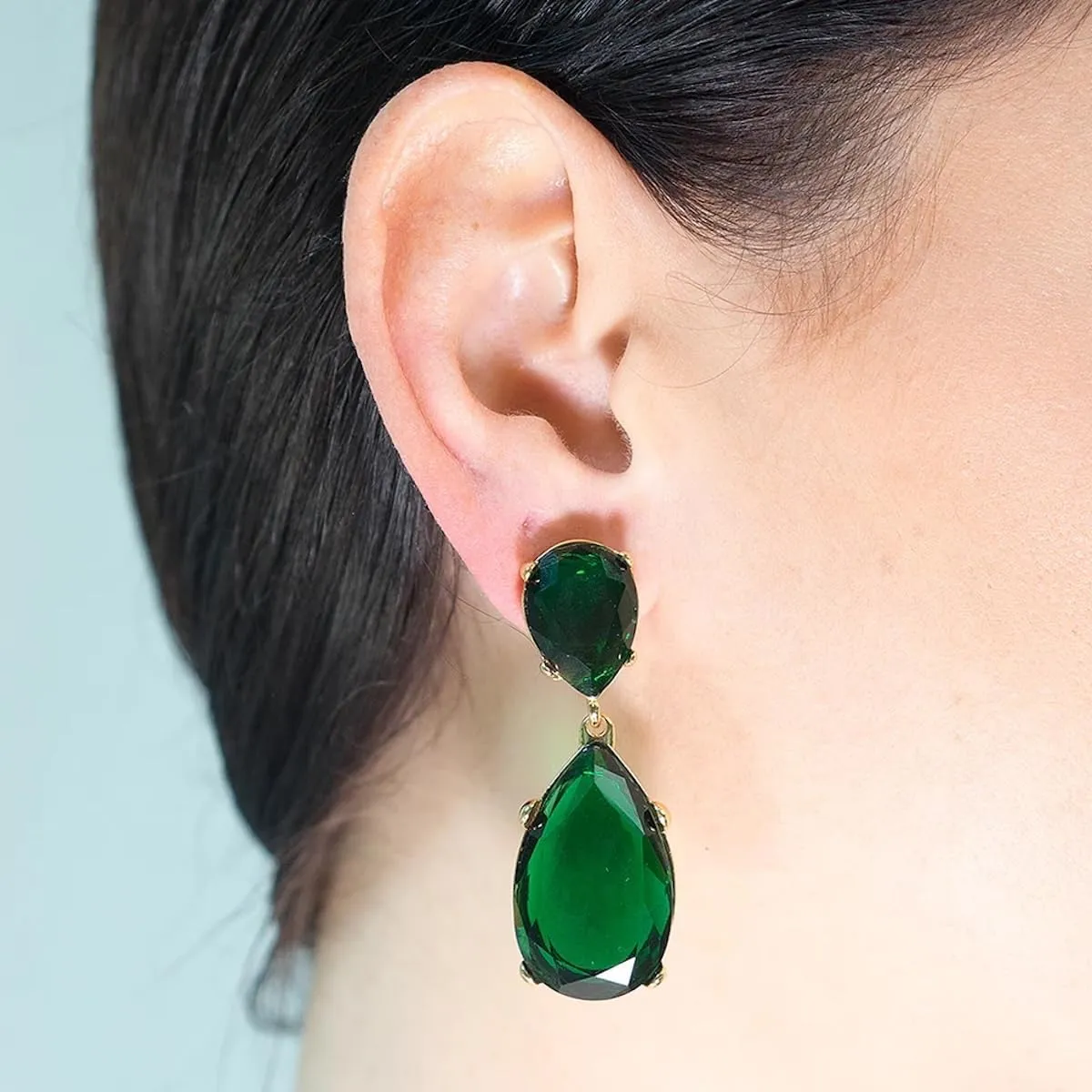 Kenneth Jay Lane Emerald Crystal Teardop-Shaped Drop Clip-On Earrings