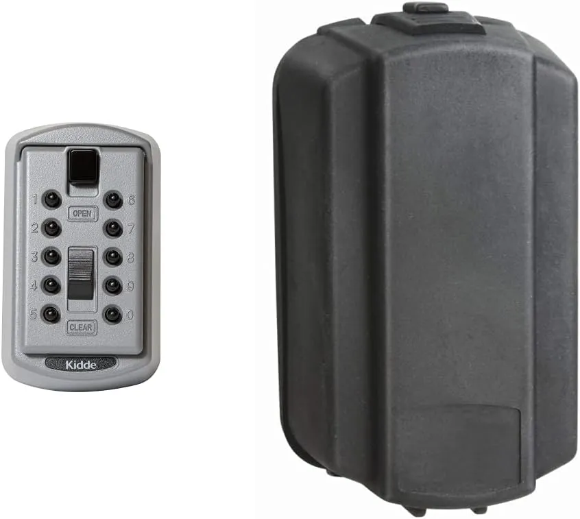 Kidde AccessPoint 001170 KeySafe Original Slimline Push Button Combination Permanent Key Lock Box, 2-Key, Titanium Gray & AccessPoint 001375 KeySafe Weather Cover, Permanent Slimline,Black