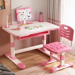 Kids Study Desk Chair Set, Height Adjustable Children Table Set with Tiltable Reading Stand LED Table Light, Ergonomic Desk Chair with Large Writing Board and Storage Drawer Pink