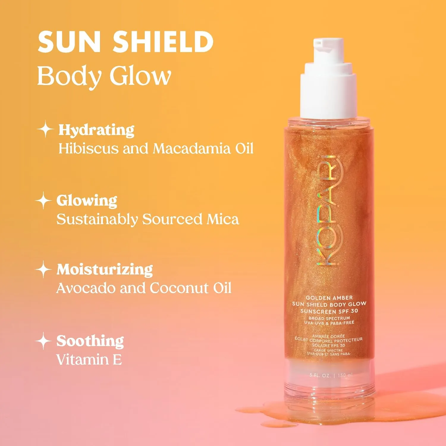 Kopari Sun Shield Body Glow, Broad Spectrum SPF 30, Lightweight Shimmering Gel Texture Absorbs Quickly, Non Sticky, Glowing Results, Golden Amber 5 oz