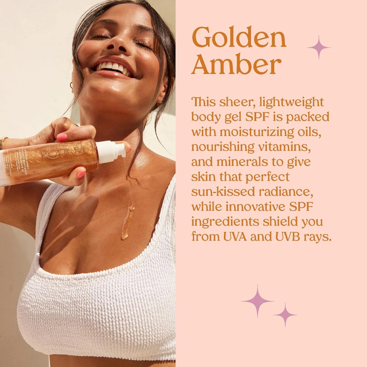Kopari Sun Shield Body Glow, Broad Spectrum SPF 30, Lightweight Shimmering Gel Texture Absorbs Quickly, Non Sticky, Glowing Results, Golden Amber 5 oz