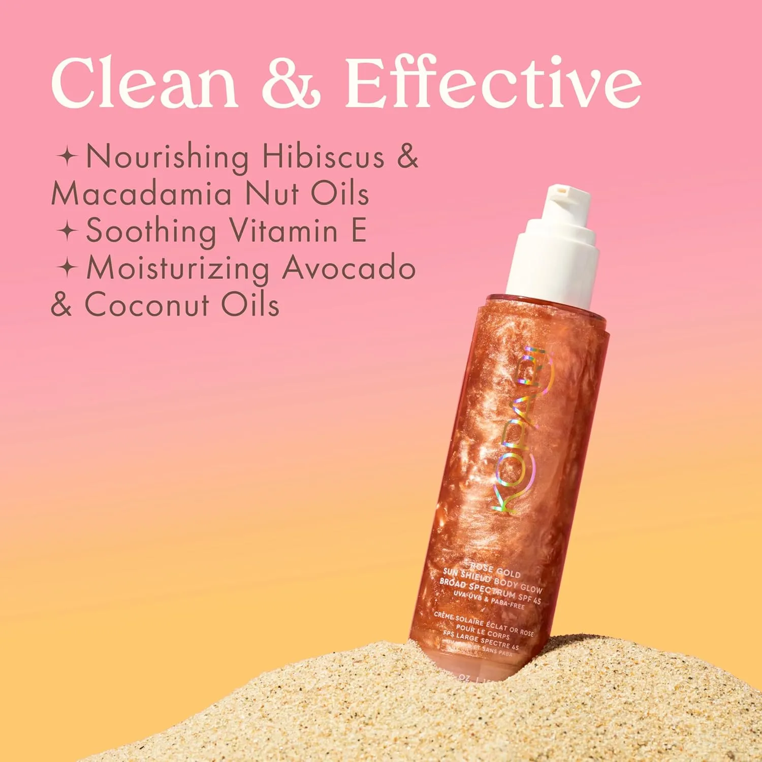 Kopari Sun Shield Body Glow, Broad Spectrum SPF 45, Lightweight Shimmering Gel Texture Absorbs Quickly, Non Sticky, Glowing Results, Rose Gold 5 oz