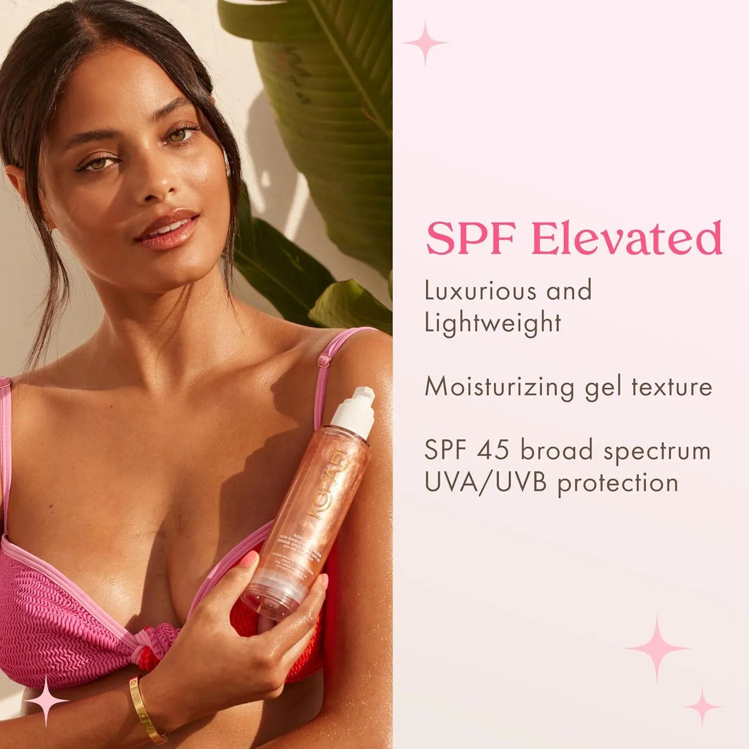 Kopari Sun Shield Body Glow, Broad Spectrum SPF 45, Lightweight Shimmering Gel Texture Absorbs Quickly, Non Sticky, Glowing Results, Rose Gold 5 oz