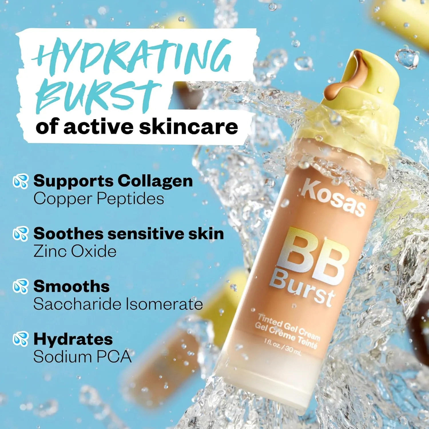 Kosas BB Burst Tinted Face Gel Cream - Supports Healthy Collagen, Smoothes Skin, Hydrates & Moisturizes - Lightweight Buildable Coverage - Medium Deep Neutral Warm 32, (1 Oz/30 ML)