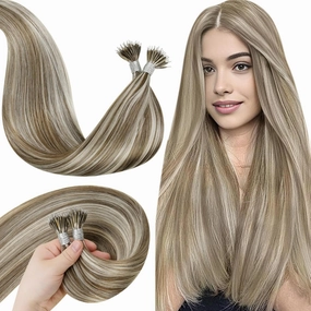 LaaVoo Nano Bead Hair Extensions Human Hair Blonde Nano Hair Extensions Human Hair Light Brown Highlight Golden Blonde Nano Ring Hair Extensions 14 inch 50g 50s