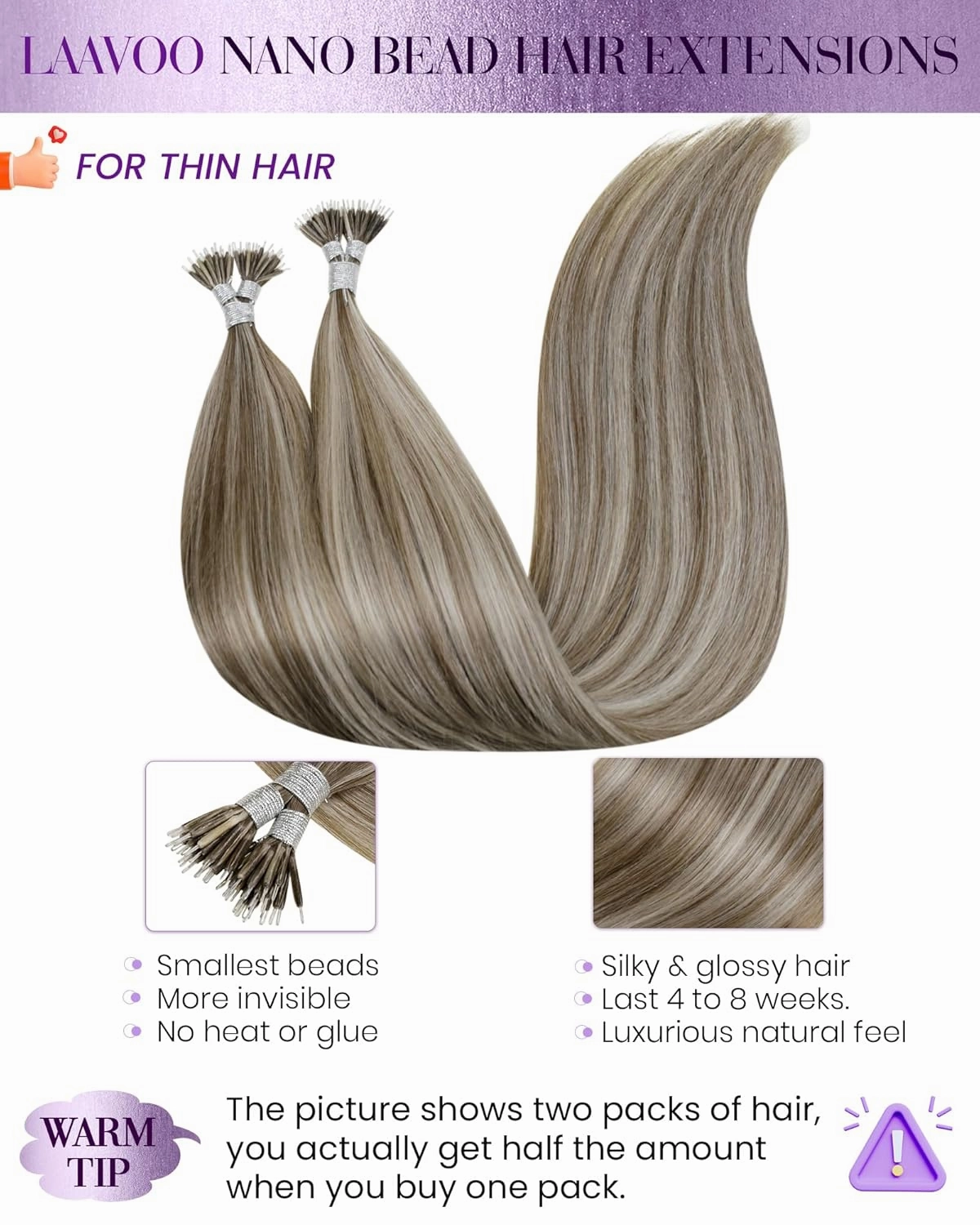 LaaVoo Nano Bead Hair Extensions Human Hair Blonde Nano Hair Extensions Human Hair Light Brown Highlight Golden Blonde Nano Ring Hair Extensions 14 inch 50g 50s