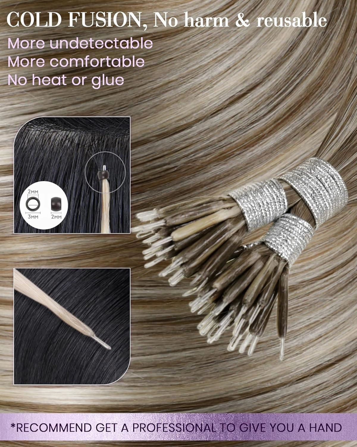 LaaVoo Nano Bead Hair Extensions Human Hair Blonde Nano Hair Extensions Human Hair Light Brown Highlight Golden Blonde Nano Ring Hair Extensions 14 inch 50g 50s