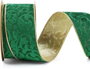 LaRibbons Green and Gold Velvet Ribbon Wired, 10 Yards 2.5 Inch Wide Double Faced Embossed Floral Velvet Ribbon for Christmas Tree, Gift Wrapping, Wreath Bow, Outdoor Decoration