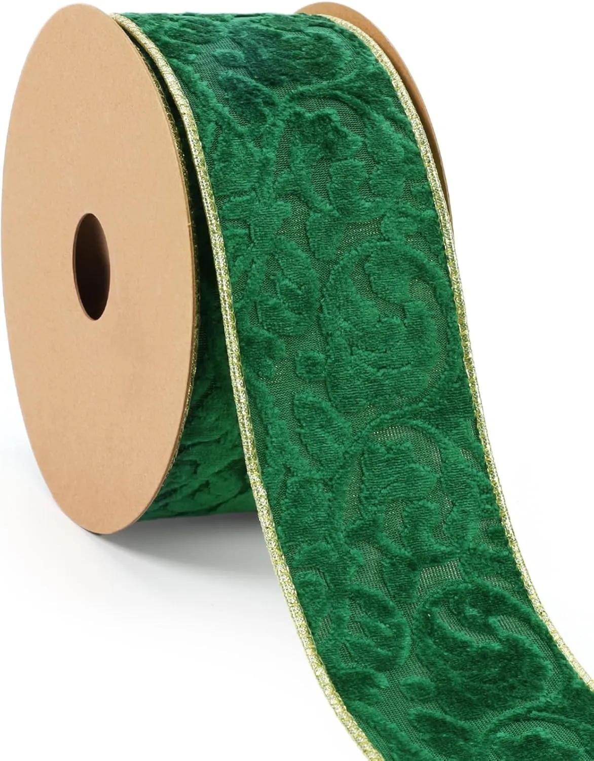 LaRibbons Green and Gold Velvet Ribbon Wired, 10 Yards 2.5 Inch Wide Double Faced Embossed Floral Velvet Ribbon for Christmas Tree, Gift Wrapping, Wreath Bow, Outdoor Decoration