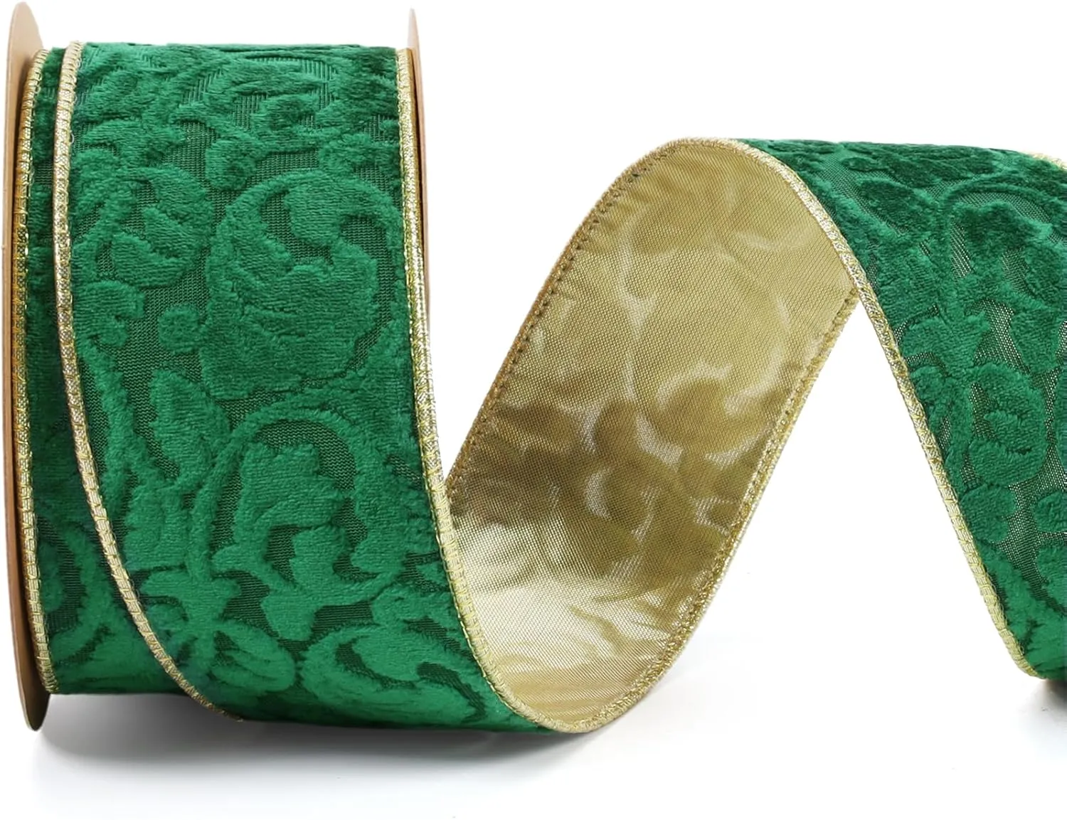 LaRibbons Green and Gold Velvet Ribbon Wired, 10 Yards 2.5 Inch Wide Double Faced Embossed Floral Velvet Ribbon for Christmas Tree, Gift Wrapping, Wreath Bow, Outdoor Decoration