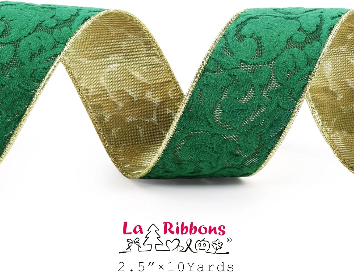 LaRibbons Green and Gold Velvet Ribbon Wired, 10 Yards 2.5 Inch Wide Double Faced Embossed Floral Velvet Ribbon for Christmas Tree, Gift Wrapping, Wreath Bow, Outdoor Decoration