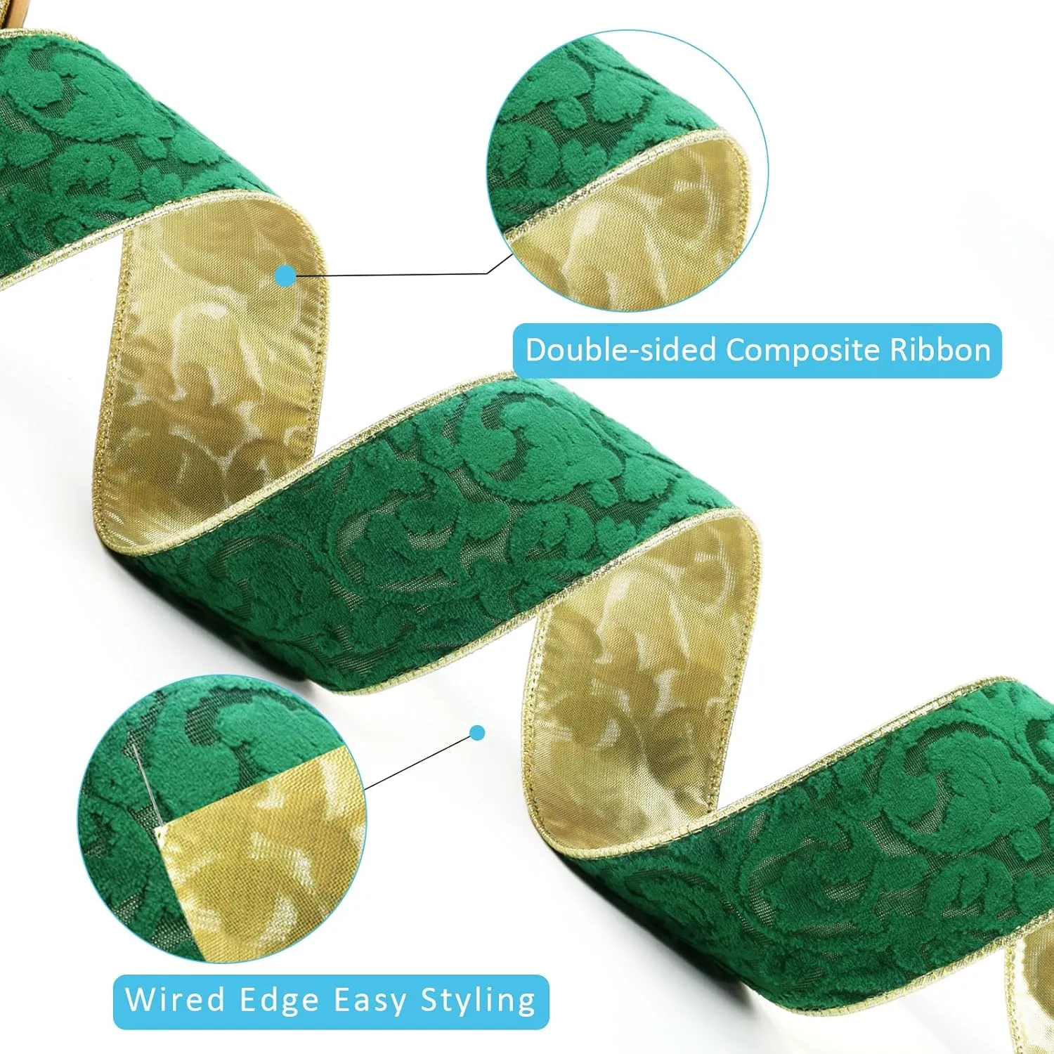 LaRibbons Green and Gold Velvet Ribbon Wired, 10 Yards 2.5 Inch Wide Double Faced Embossed Floral Velvet Ribbon for Christmas Tree, Gift Wrapping, Wreath Bow, Outdoor Decoration