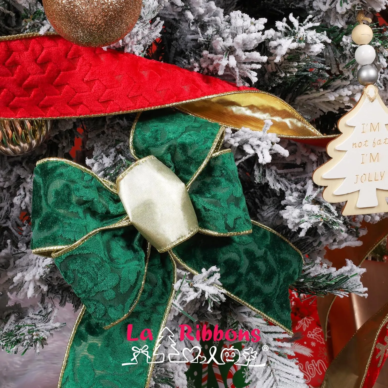 LaRibbons Green and Gold Velvet Ribbon Wired, 10 Yards 2.5 Inch Wide Double Faced Embossed Floral Velvet Ribbon for Christmas Tree, Gift Wrapping, Wreath Bow, Outdoor Decoration