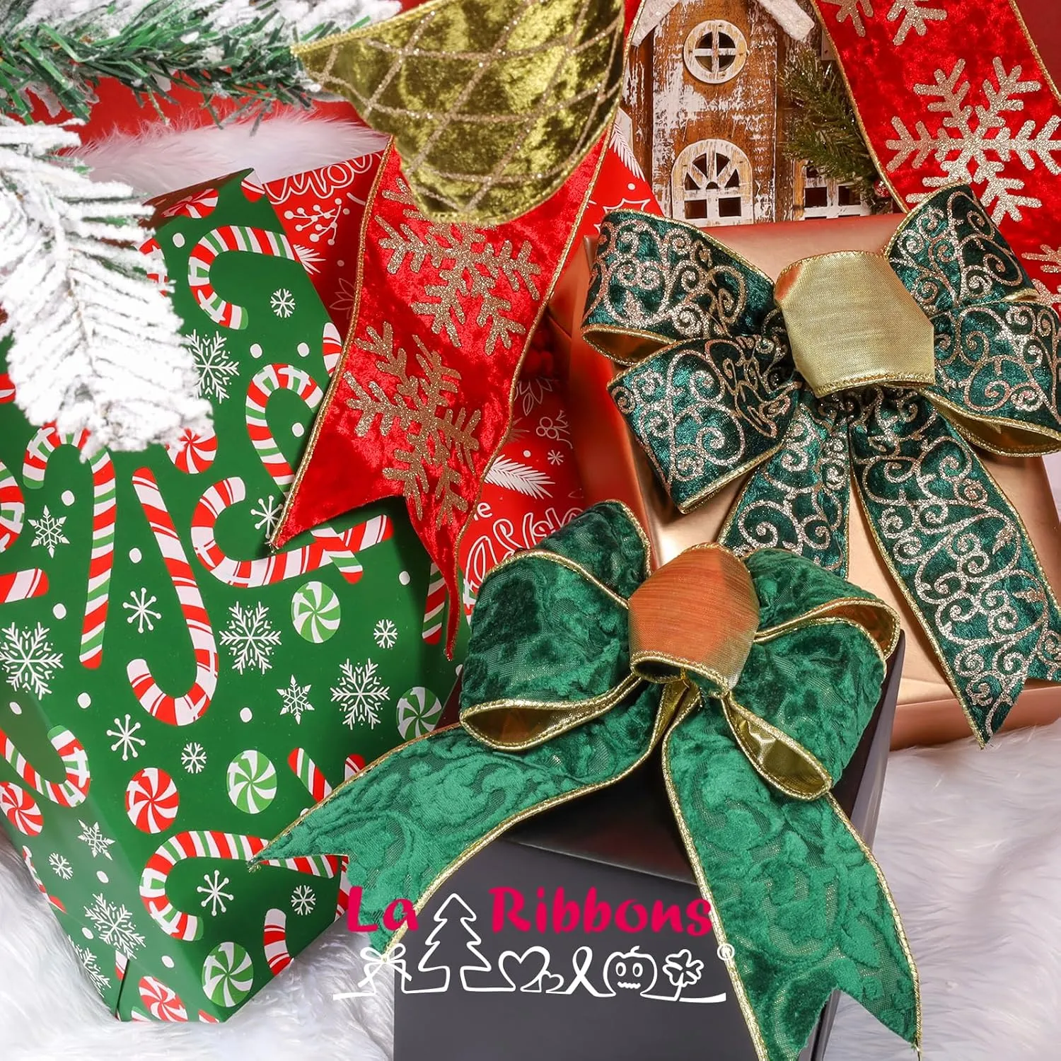 LaRibbons Green and Gold Velvet Ribbon Wired, 10 Yards 2.5 Inch Wide Double Faced Embossed Floral Velvet Ribbon for Christmas Tree, Gift Wrapping, Wreath Bow, Outdoor Decoration