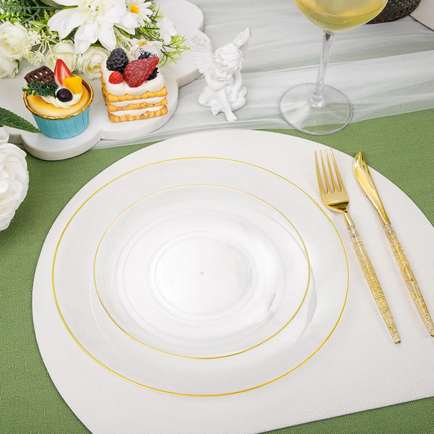 Liacere 150PCS Clear Gold Plastic Plates - Gold Plastic Silverware with Glitter Handle - Clear Gold Disposable Plates Include 30 Guests Plates, Forks, Spoons, Knives for Wedding & Party