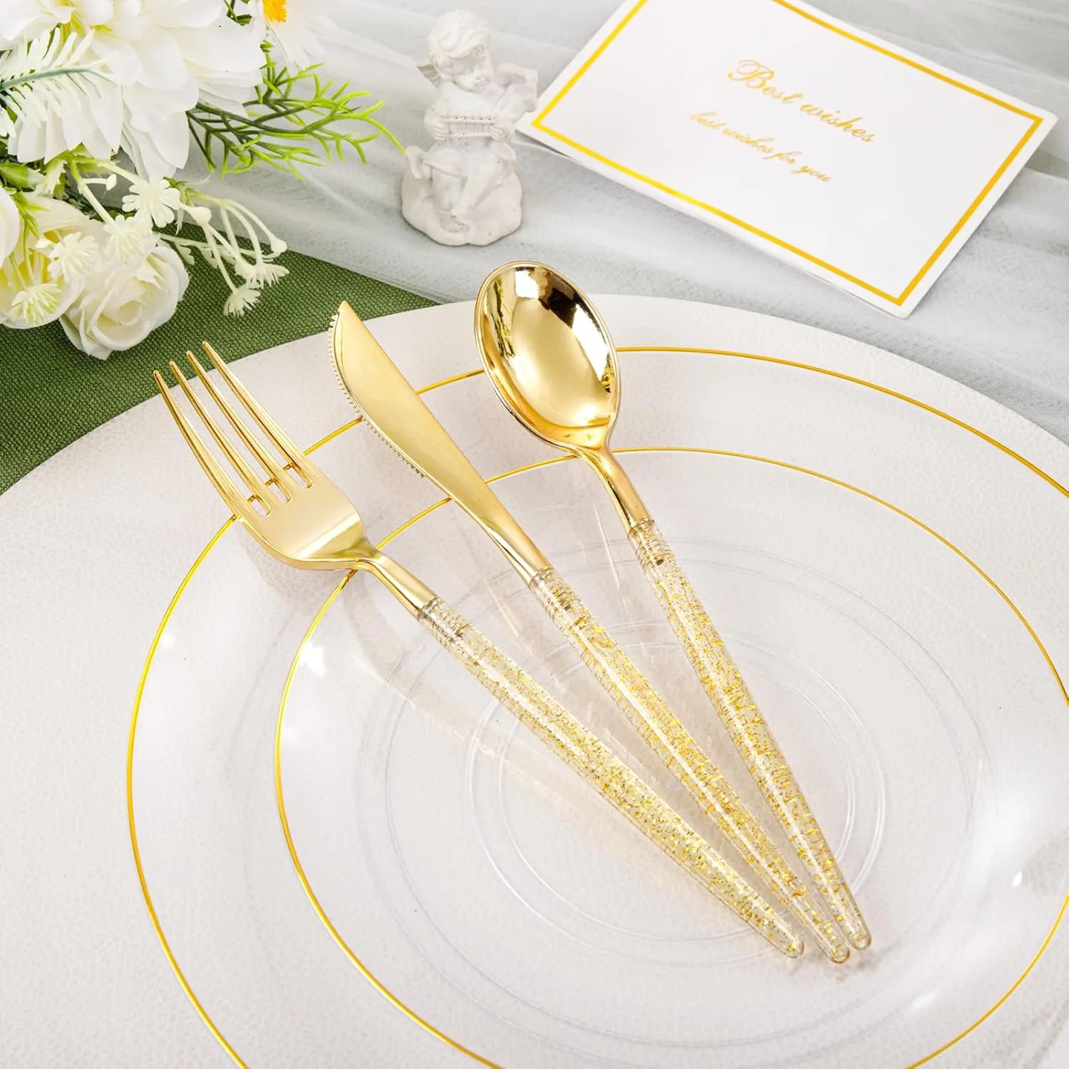 Liacere 150PCS Clear Gold Plastic Plates - Gold Plastic Silverware with Glitter Handle - Clear Gold Disposable Plates Include 30 Guests Plates, Forks, Spoons, Knives for Wedding & Party