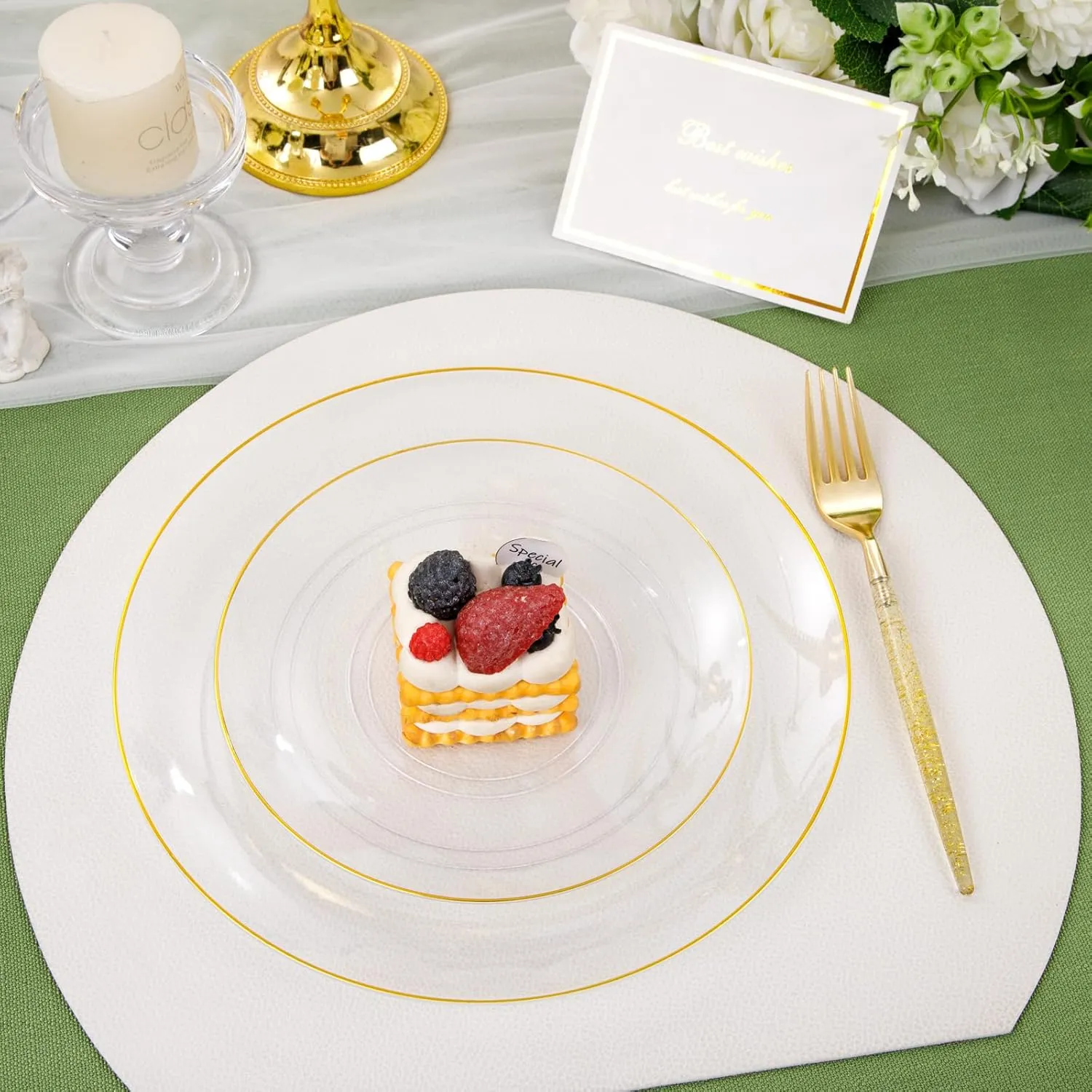 Liacere 150PCS Clear Gold Plastic Plates - Gold Plastic Silverware with Glitter Handle - Clear Gold Disposable Plates Include 30 Guests Plates, Forks, Spoons, Knives for Wedding & Party