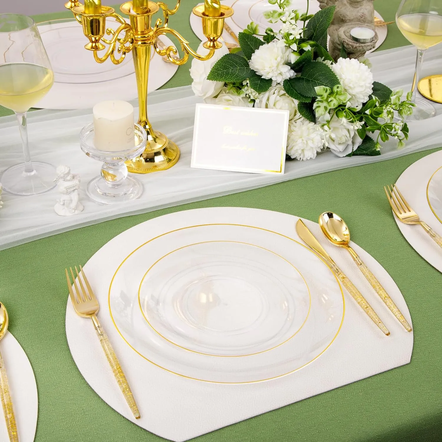 Liacere 150PCS Clear Gold Plastic Plates - Gold Plastic Silverware with Glitter Handle - Clear Gold Disposable Plates Include 30 Guests Plates, Forks, Spoons, Knives for Wedding & Party
