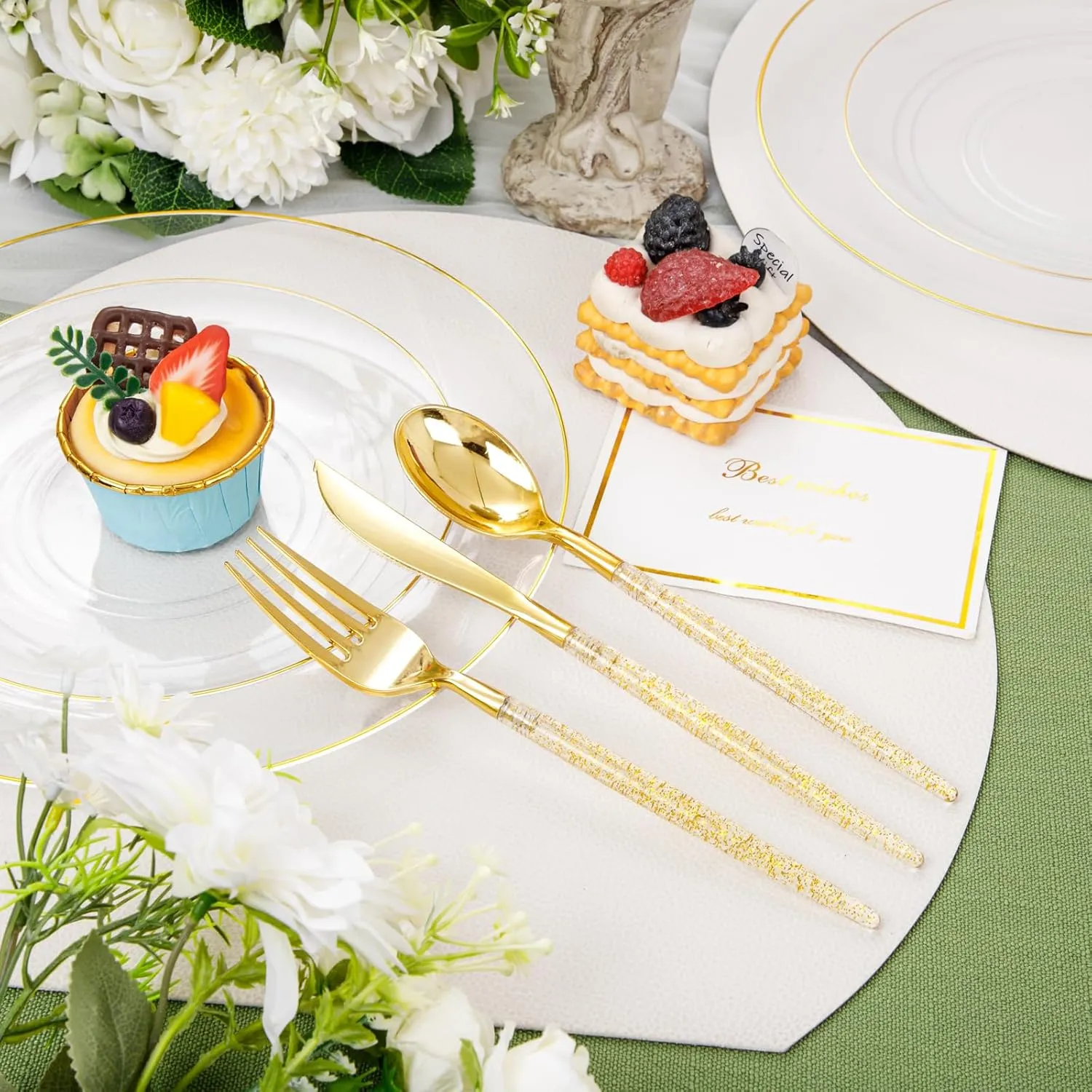 Liacere 150PCS Clear Gold Plastic Plates - Gold Plastic Silverware with Glitter Handle - Clear Gold Disposable Plates Include 30 Guests Plates, Forks, Spoons, Knives for Wedding & Party