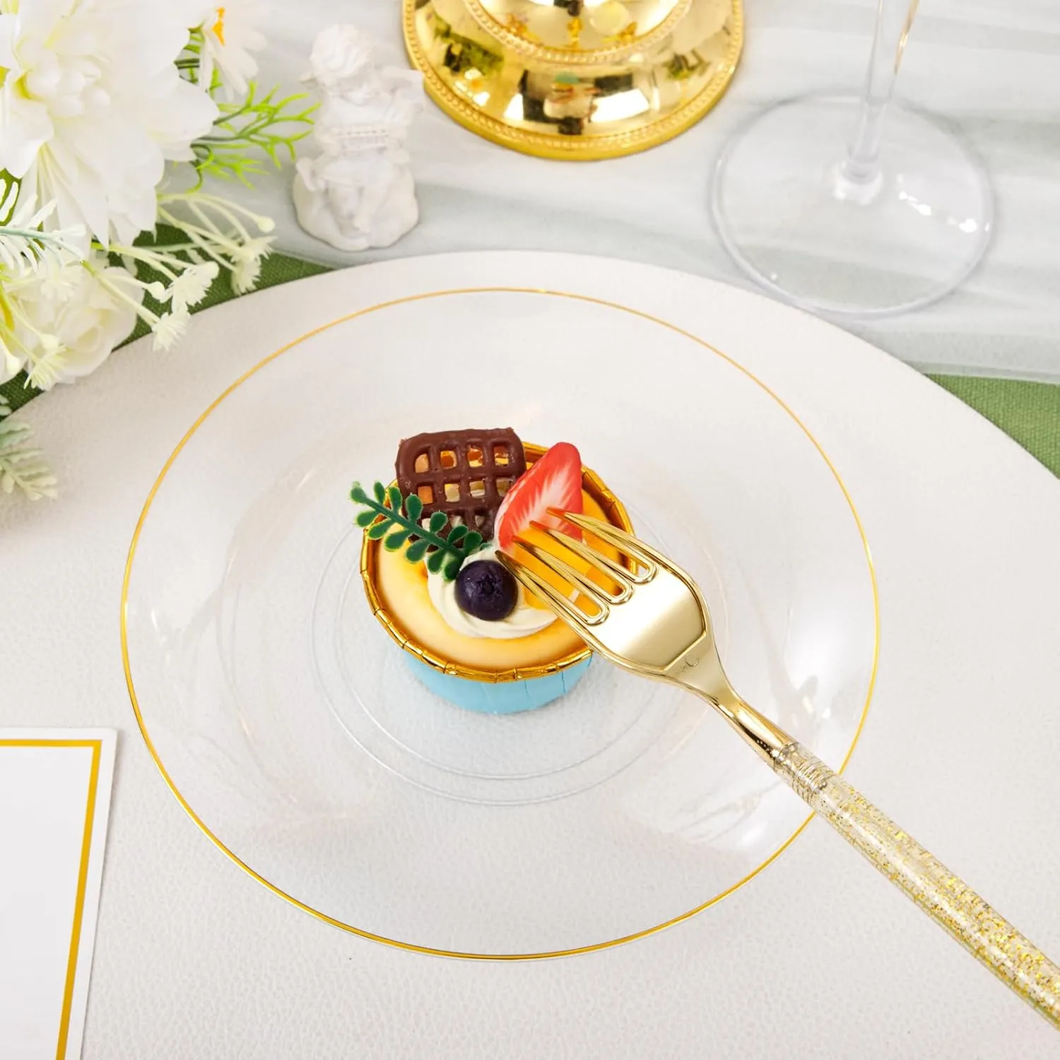 Liacere 150PCS Clear Gold Plastic Plates - Gold Plastic Silverware with Glitter Handle - Clear Gold Disposable Plates Include 30 Guests Plates, Forks, Spoons, Knives for Wedding & Party