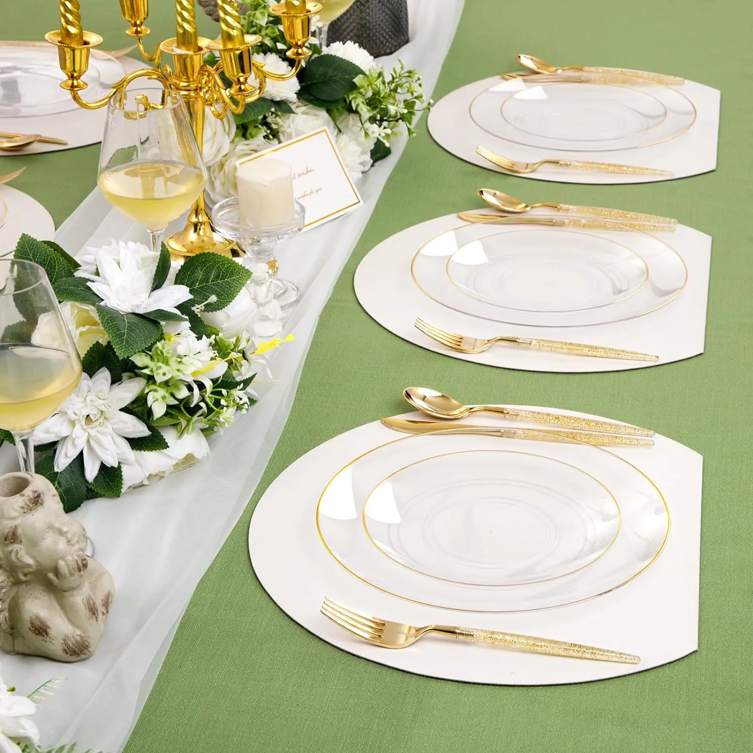 Liacere 150PCS Clear Gold Plastic Plates - Gold Plastic Silverware with Glitter Handle - Clear Gold Disposable Plates Include 30 Guests Plates, Forks, Spoons, Knives for Wedding & Party