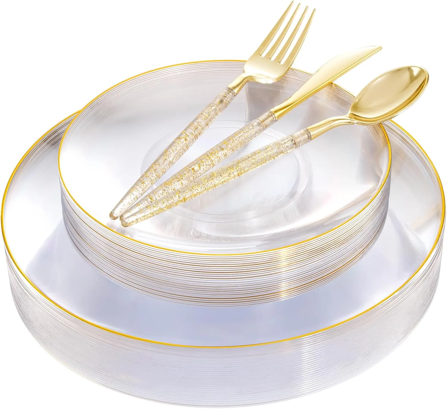 Liacere 150PCS Clear Gold Plastic Plates - Gold Plastic Silverware with Glitter Handle - Clear Gold Disposable Plates Include 30 Guests Plates, Forks, Spoons, Knives for Wedding & Party