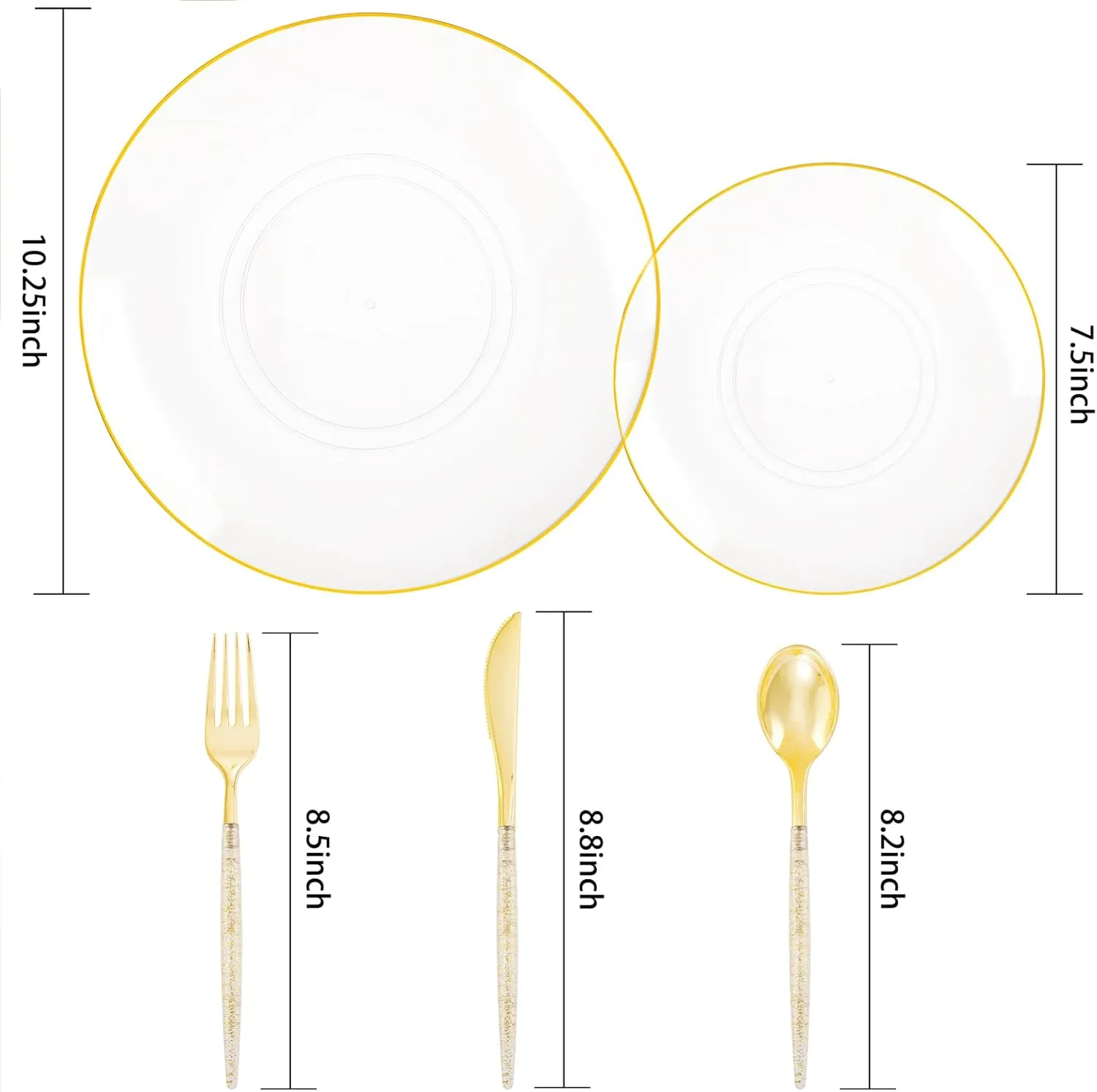 Liacere 150PCS Clear Gold Plastic Plates - Gold Plastic Silverware with Glitter Handle - Clear Gold Disposable Plates Include 30 Guests Plates, Forks, Spoons, Knives for Wedding & Party