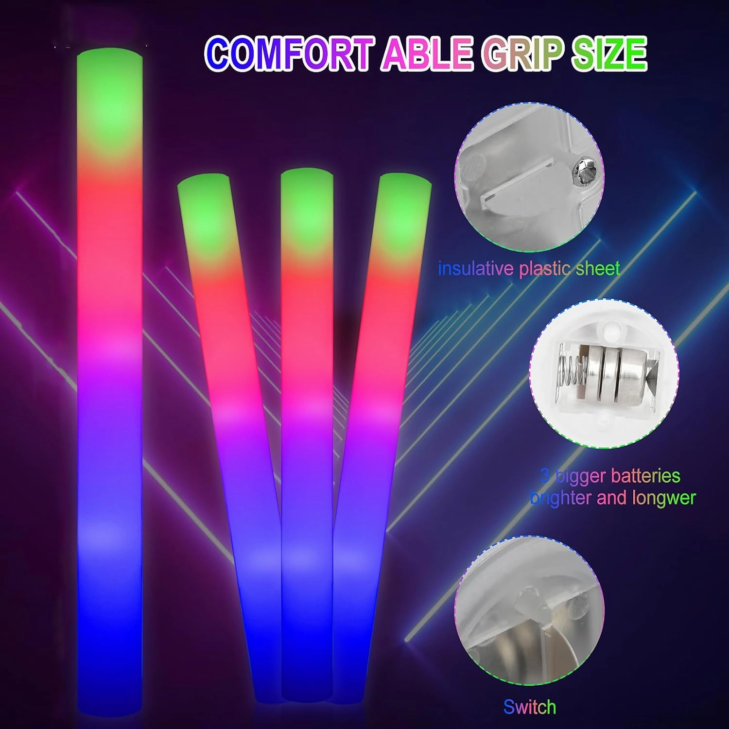 LifBetter 42 Pcs Glow Sticks Bulk- LED Foam Sticks in The Dark with 3 Modes Flashing Led Foam Multicolor Batons Light up Party Favors for Birthdays, Weddings, Concerts, Festivals