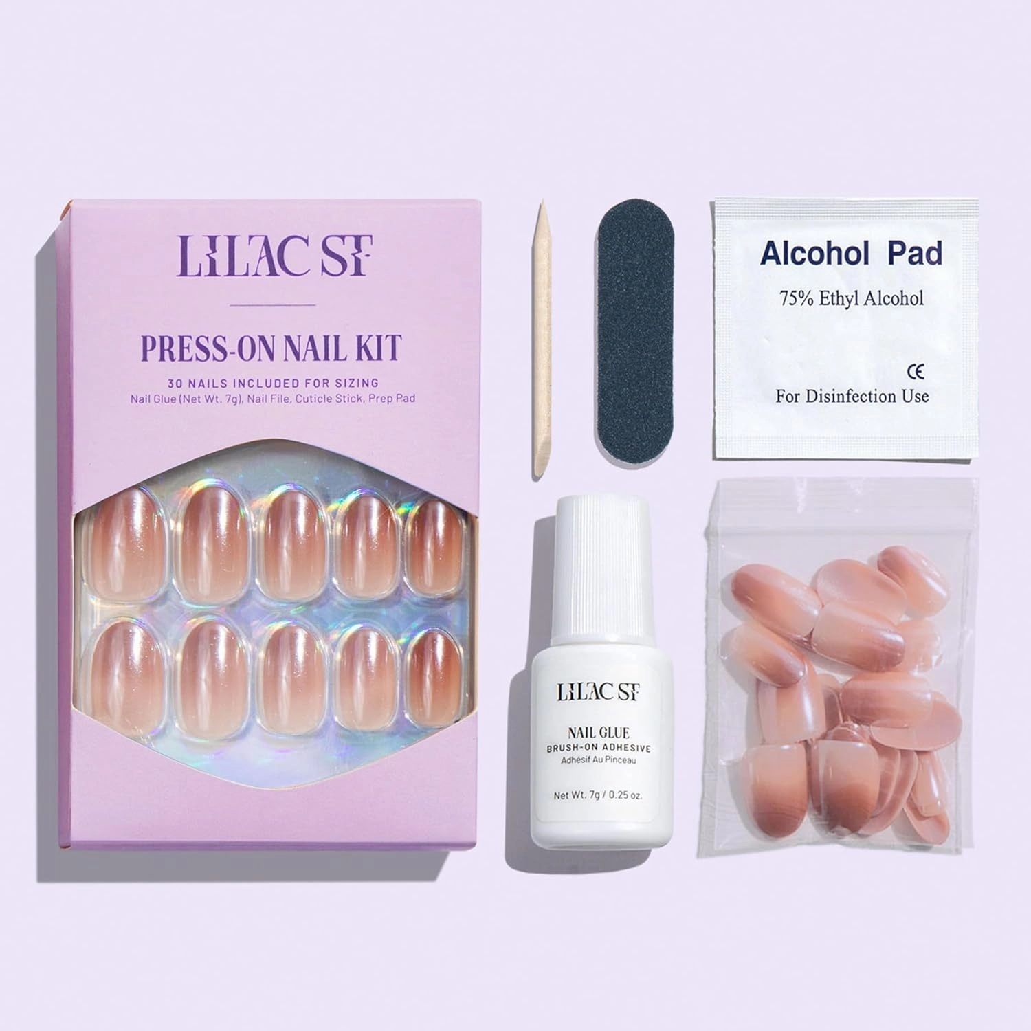 Lilac St - Press On Nails, Blush Touched (30 Nails, 15 Sizes) - Medium, Round, Pearl   Glossy, Opaque - Brush-On Nail Glue, Nail File, Cuticle Stick, Prep Pad - Cruelty Free, Vegan, Women Founded