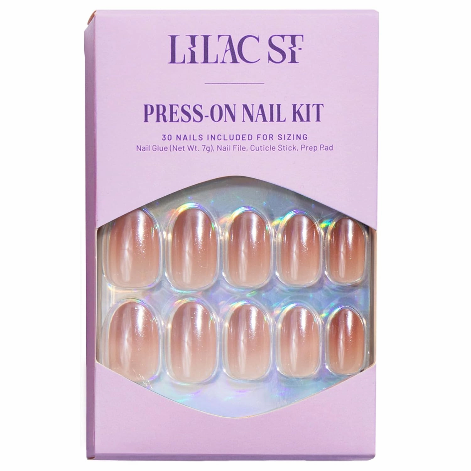 Lilac St - Press On Nails, Blush Touched (30 Nails, 15 Sizes) - Medium, Round, Pearl   Glossy, Opaque - Brush-On Nail Glue, Nail File, Cuticle Stick, Prep Pad - Cruelty Free, Vegan, Women Founded
