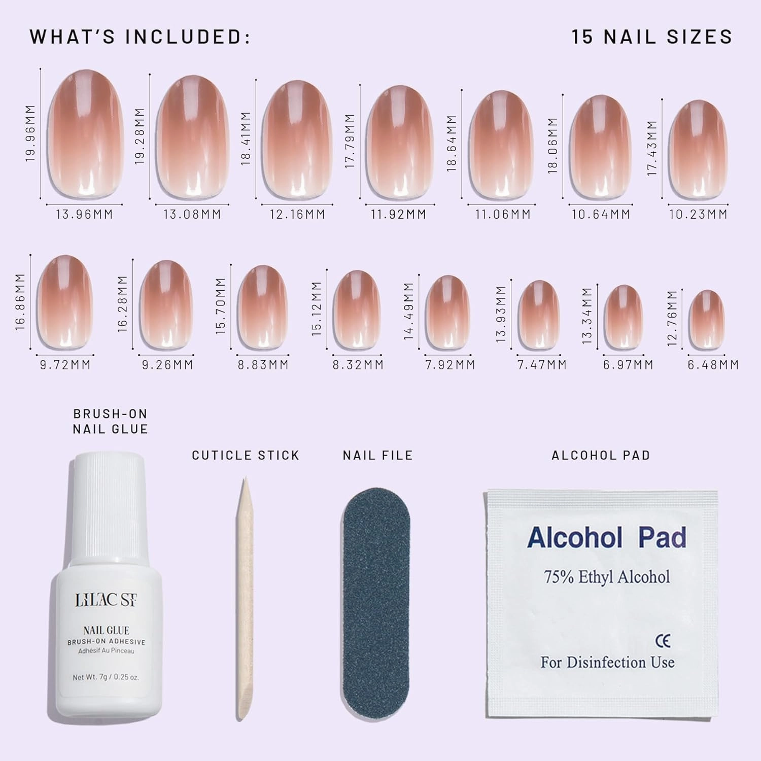Lilac St - Press On Nails, Blush Touched (30 Nails, 15 Sizes) - Medium, Round, Pearl   Glossy, Opaque - Brush-On Nail Glue, Nail File, Cuticle Stick, Prep Pad - Cruelty Free, Vegan, Women Founded