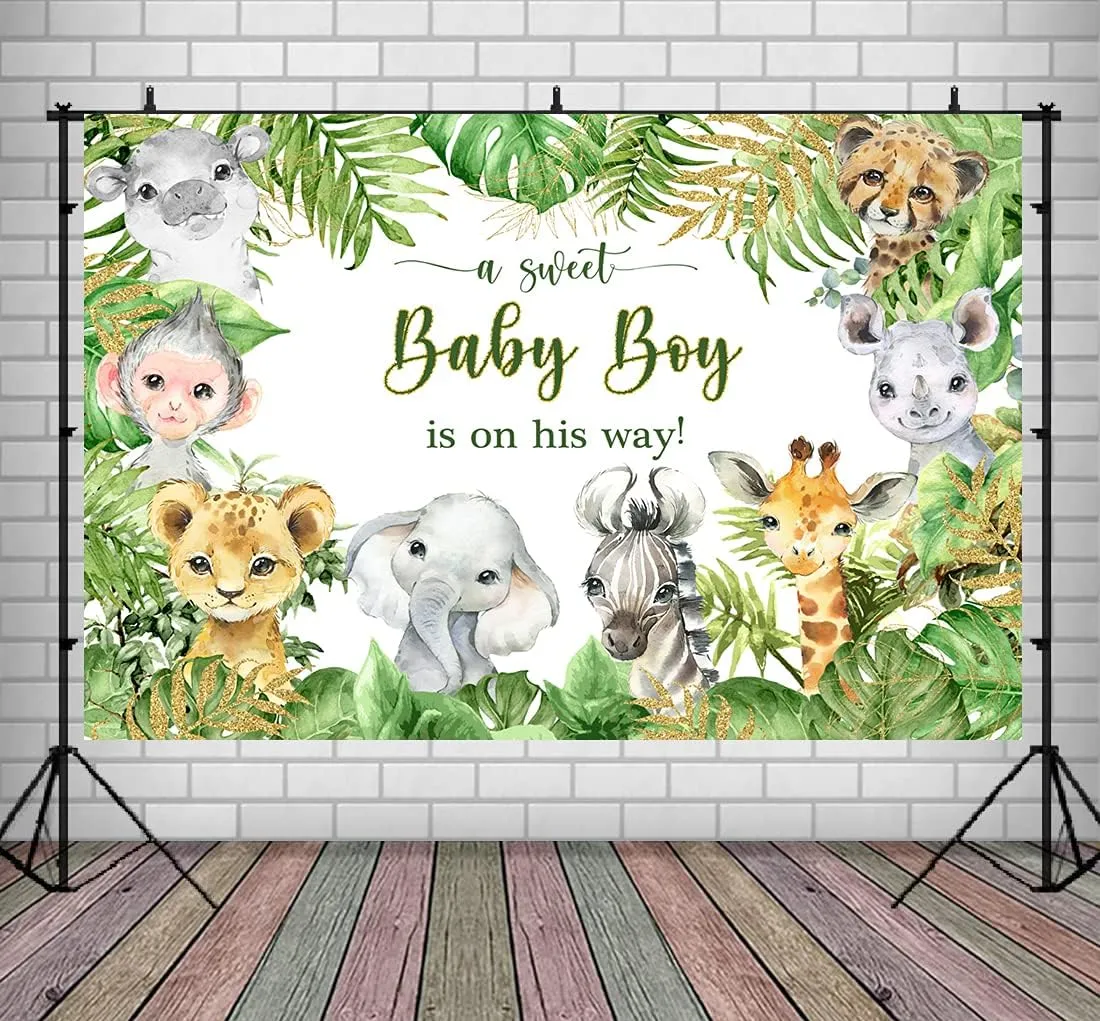 Lofaris Safari Baby Shower Backdrop Jungle Baby Shower Background Woodland Animals Oh Baby It's a Boy Newborn Baby Party Decorations for Boy Cake Table Banner 9x6ft