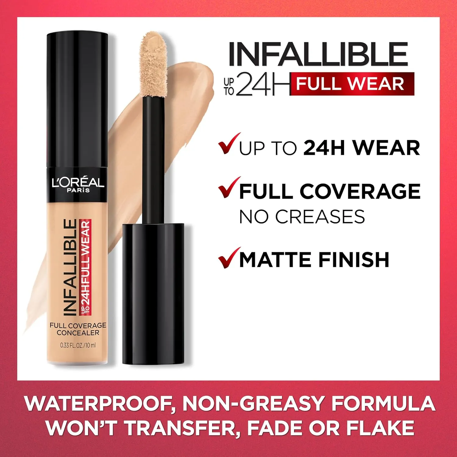 L'Oreal Paris Makeup Infallible Full Wear Waterproof Matte Concealer, Full Coverage, Ivory, 0.33 fl. oz.