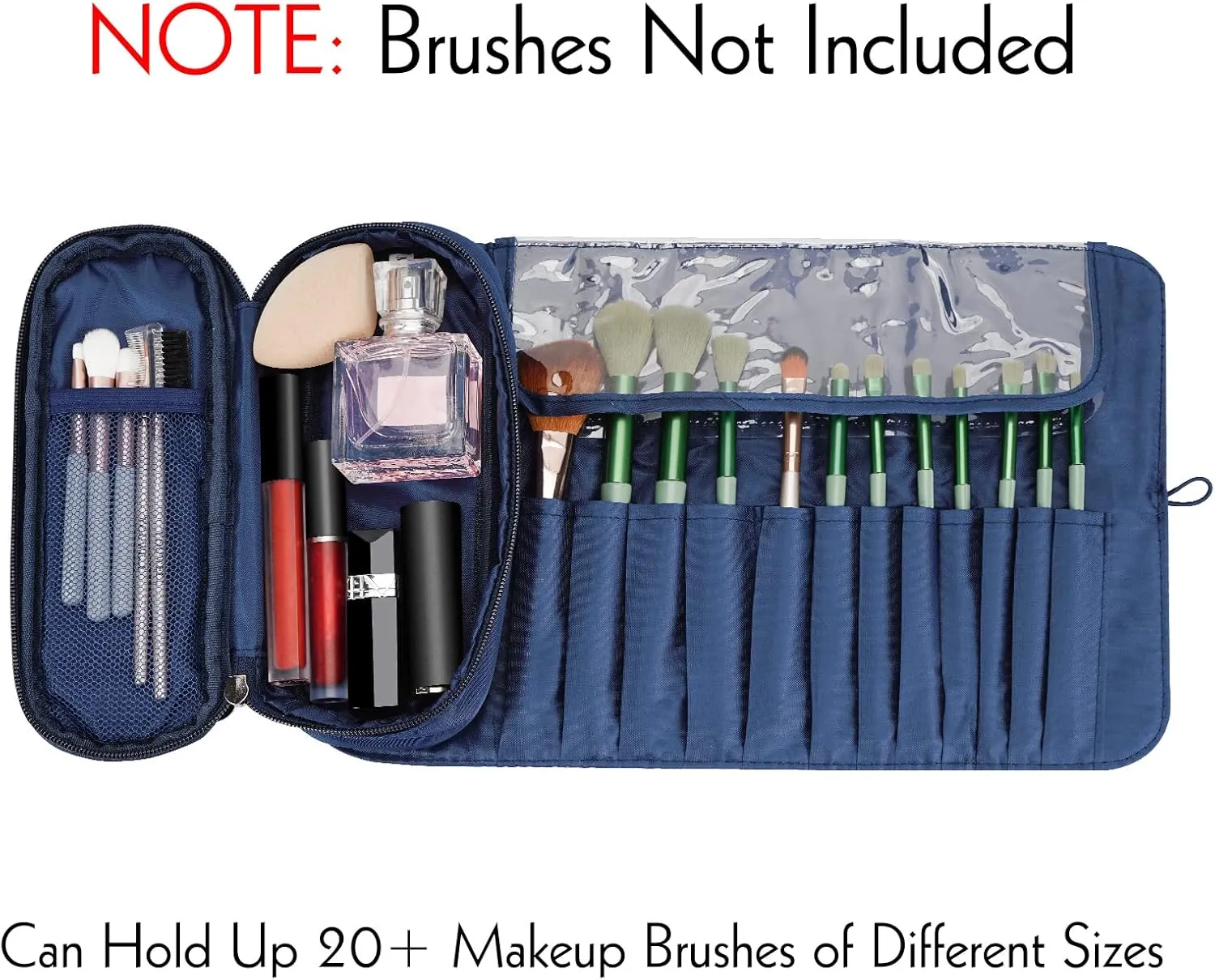 LUEXBOX Portable Folding Makeup Brush Bag, Multifunctional Cosmetics Rolling Storage Case Makeup Brush Holder for Travel, Makeup Brush Organizer Bag (Dark Blue)