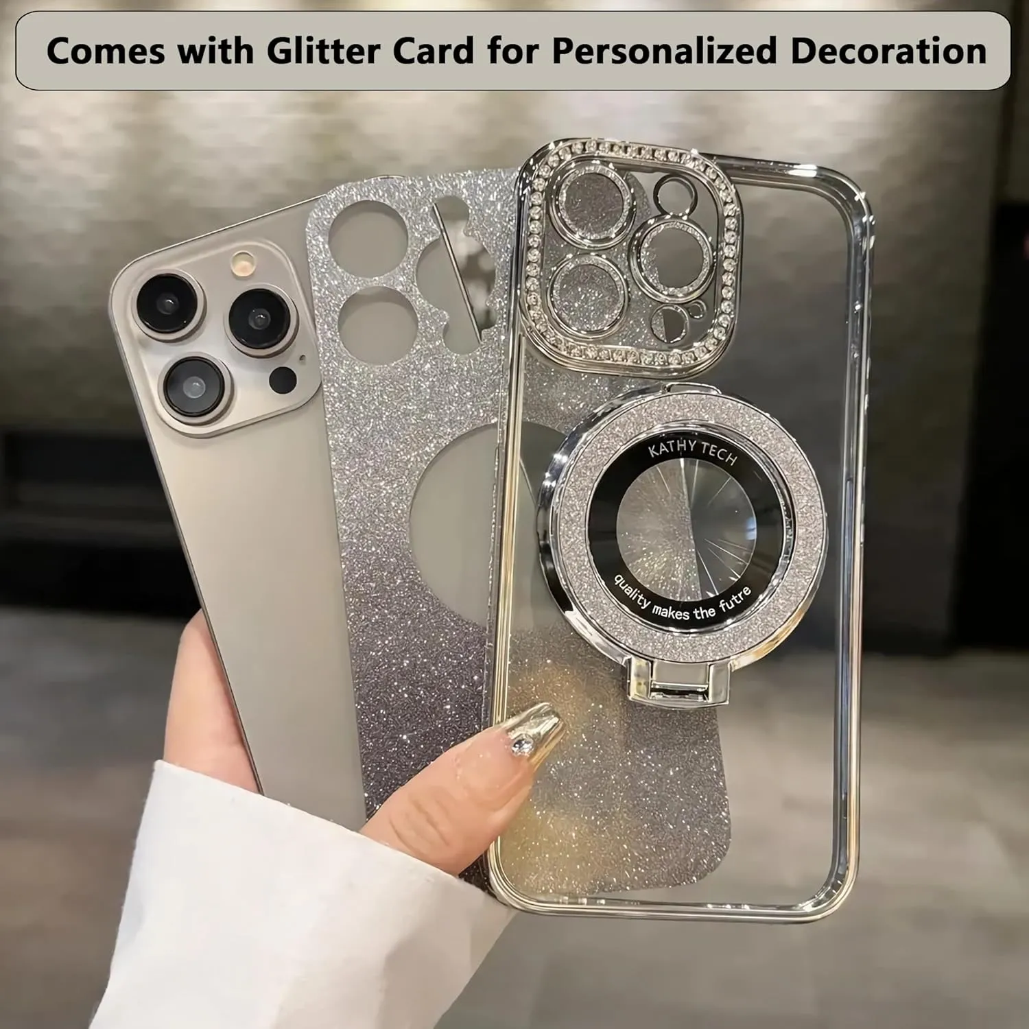 LXK Magnetic Stand for iPhone 16 Pro Max Case, [Compatible with Magsafe][Built-in Camera Lens Protector] Glitter Bling Card & Soft TPU Diamonds Bumper Protection Cover for Women Girls 6.9" Gold