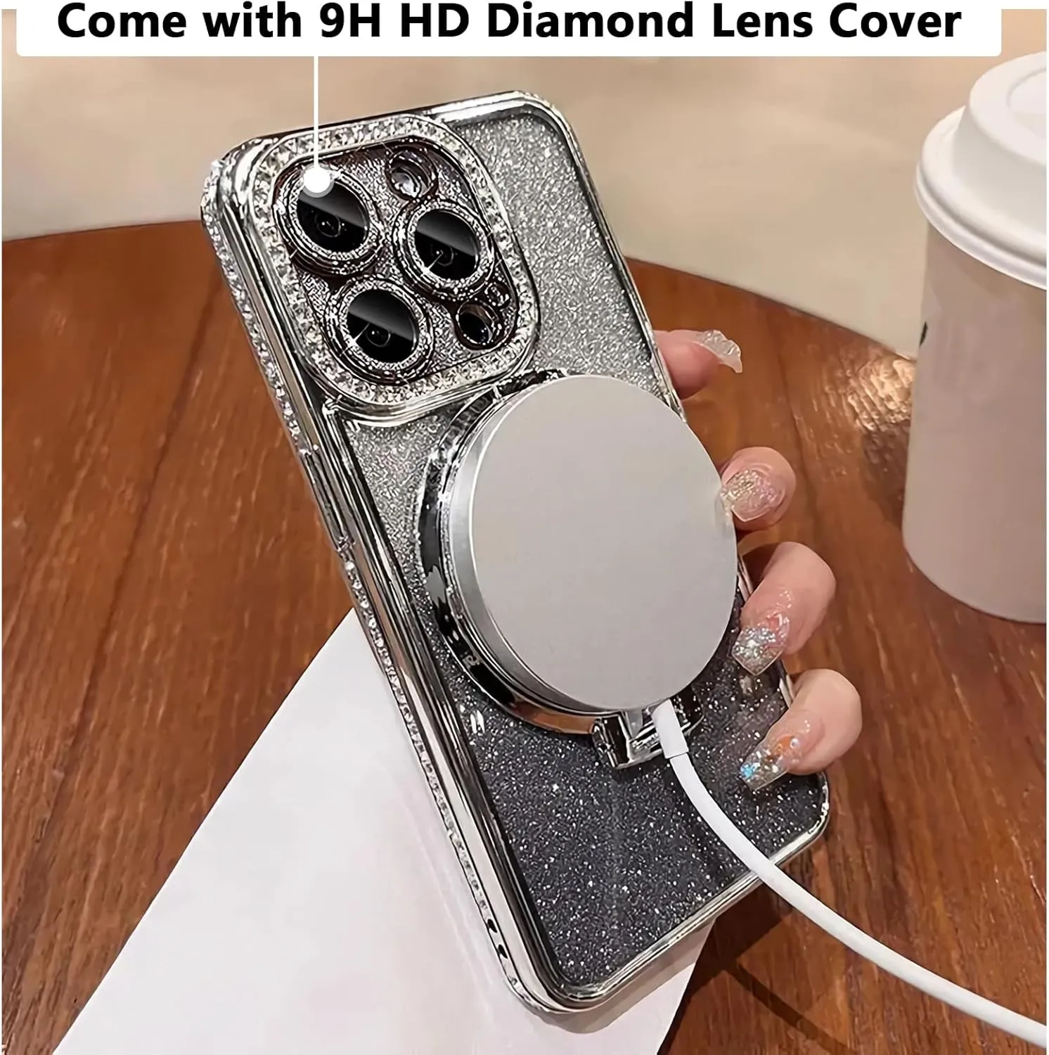 LXK Magnetic Stand for iPhone 16 Pro Max Case, [Compatible with Magsafe][Built-in Camera Lens Protector] Glitter Bling Card & Soft TPU Diamonds Bumper Protection Cover for Women Girls 6.9" Gold