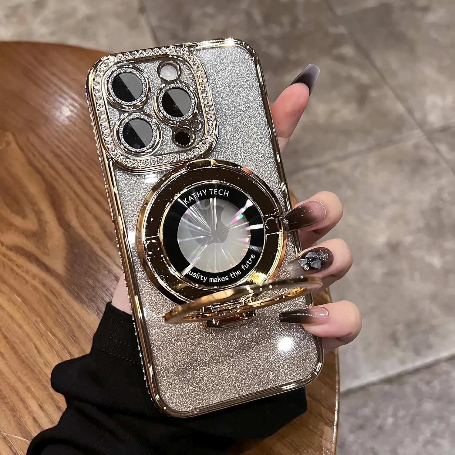LXK Magnetic Stand for iPhone 16 Pro Max Case, [Compatible with Magsafe][Built-in Camera Lens Protector] Glitter Bling Card & Soft TPU Diamonds Bumper Protection Cover for Women Girls 6.9" Gold