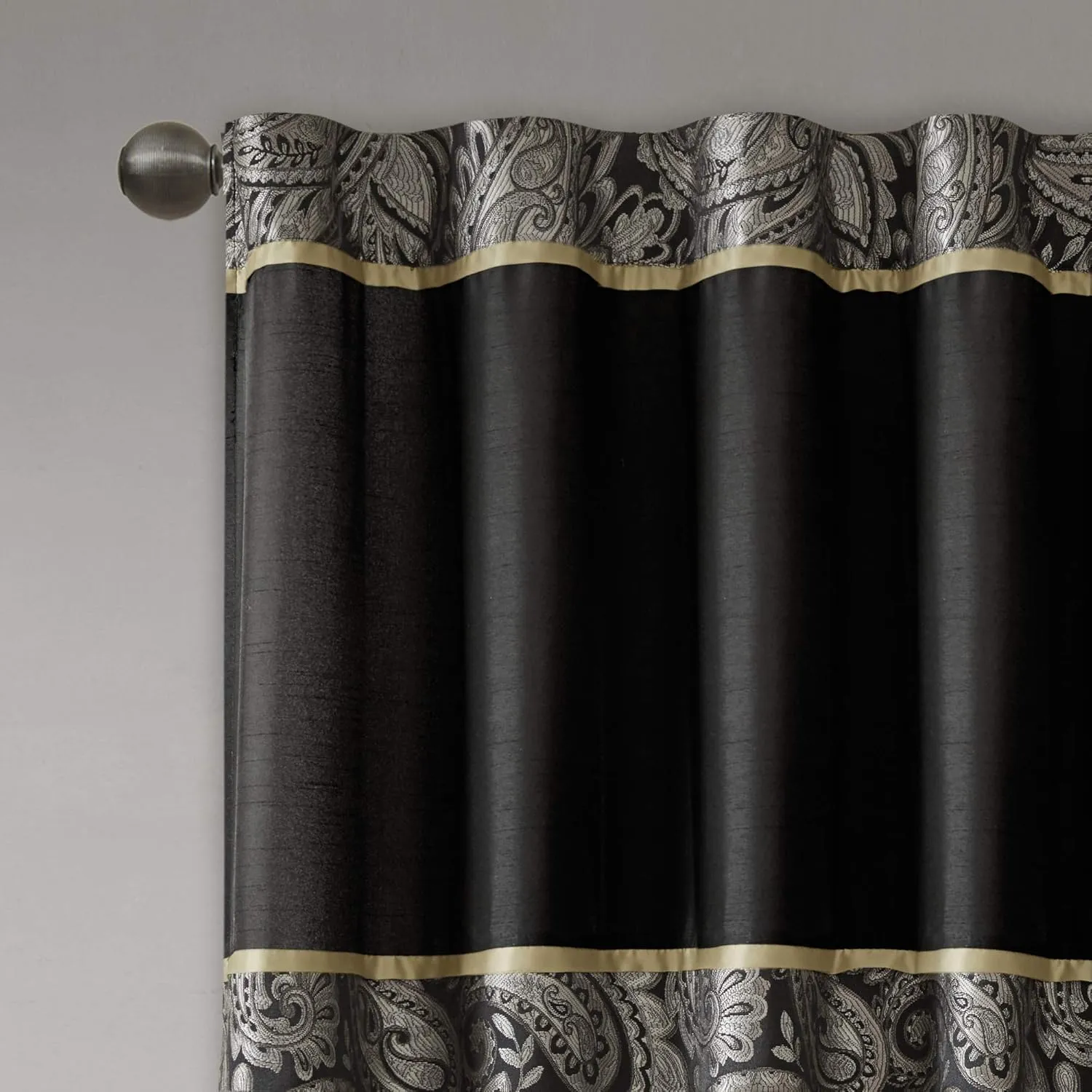 Madison Park Aubrey 2 Panel Curtain Faux Silk Paisley Jacquard, Rod Pocket Curtain For Living Room, Kitchen, Room Darkening Window Drape for Bedroom and Dorm, 2-PK 50x84", Black
